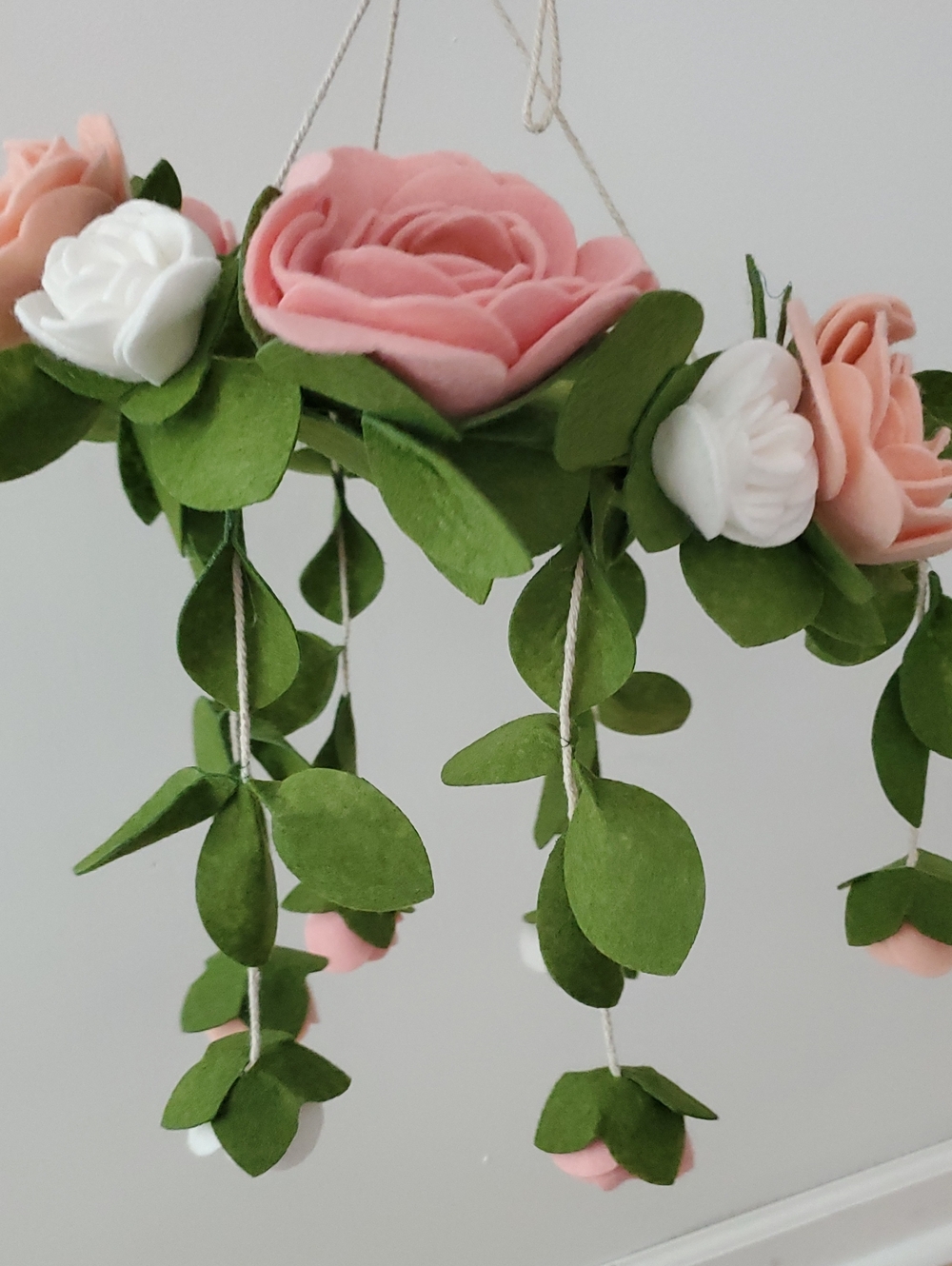 Rose Floral and Fern Peachy Pink Green Soft Felt Baby Infant Crib Mobile